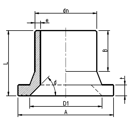 A technical drawing showing the dimensions of a chamfered long spigot polyethylene stub flange.