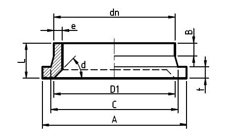 A technical drawing showing the dimensions of a chamfered short spigot polyethylene stub flange.