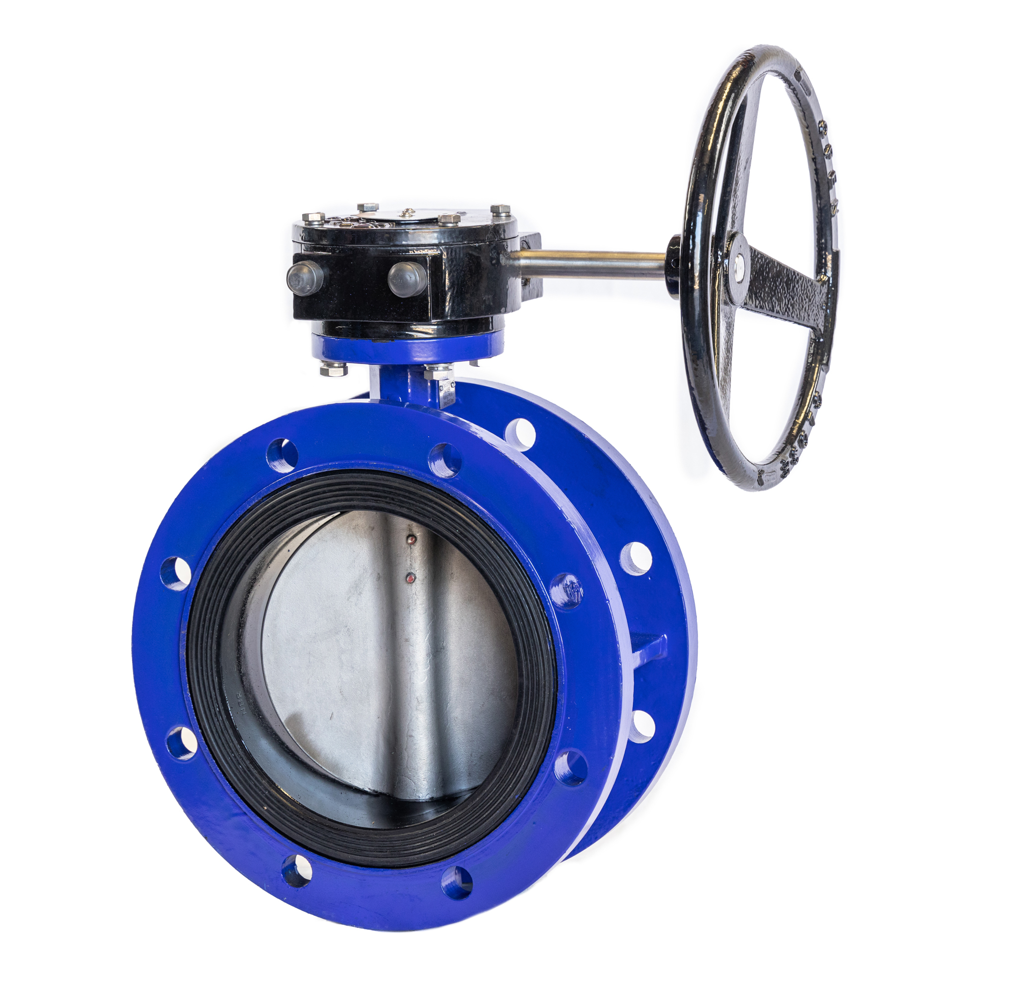 An image of a flanged butterfly valve with a gear handle.