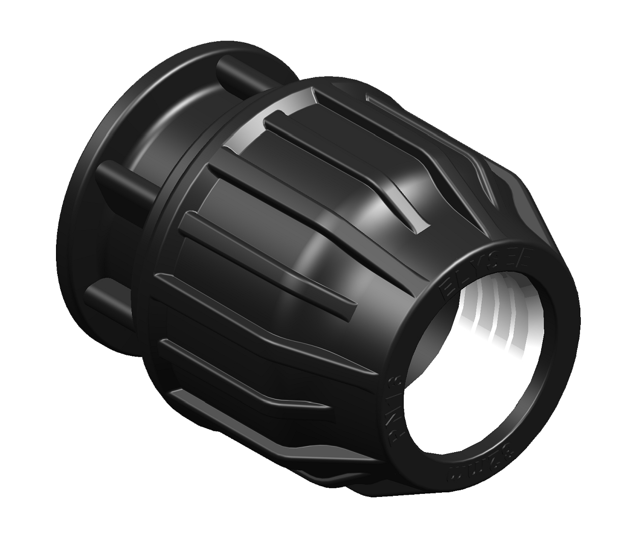 A 3D rendering of a metric compression end cap.