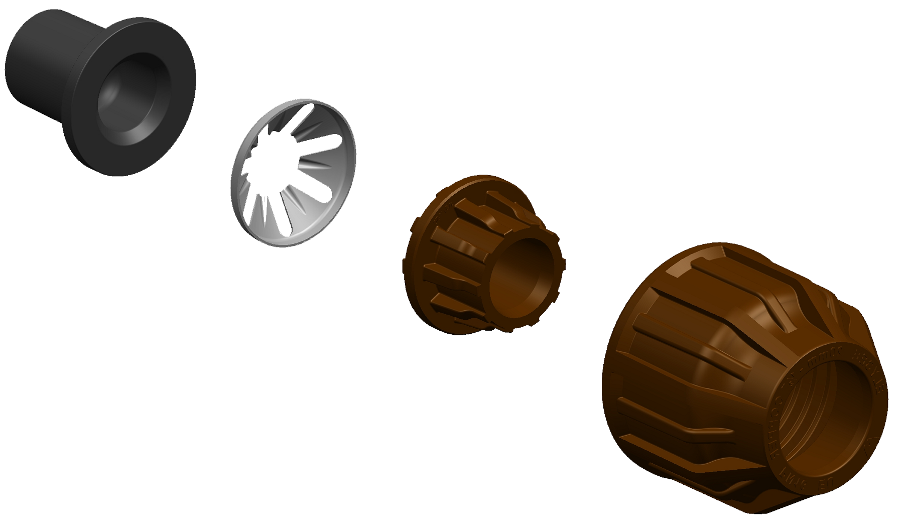 A 3D rendering of a metric poly to copper compression conversion kit.