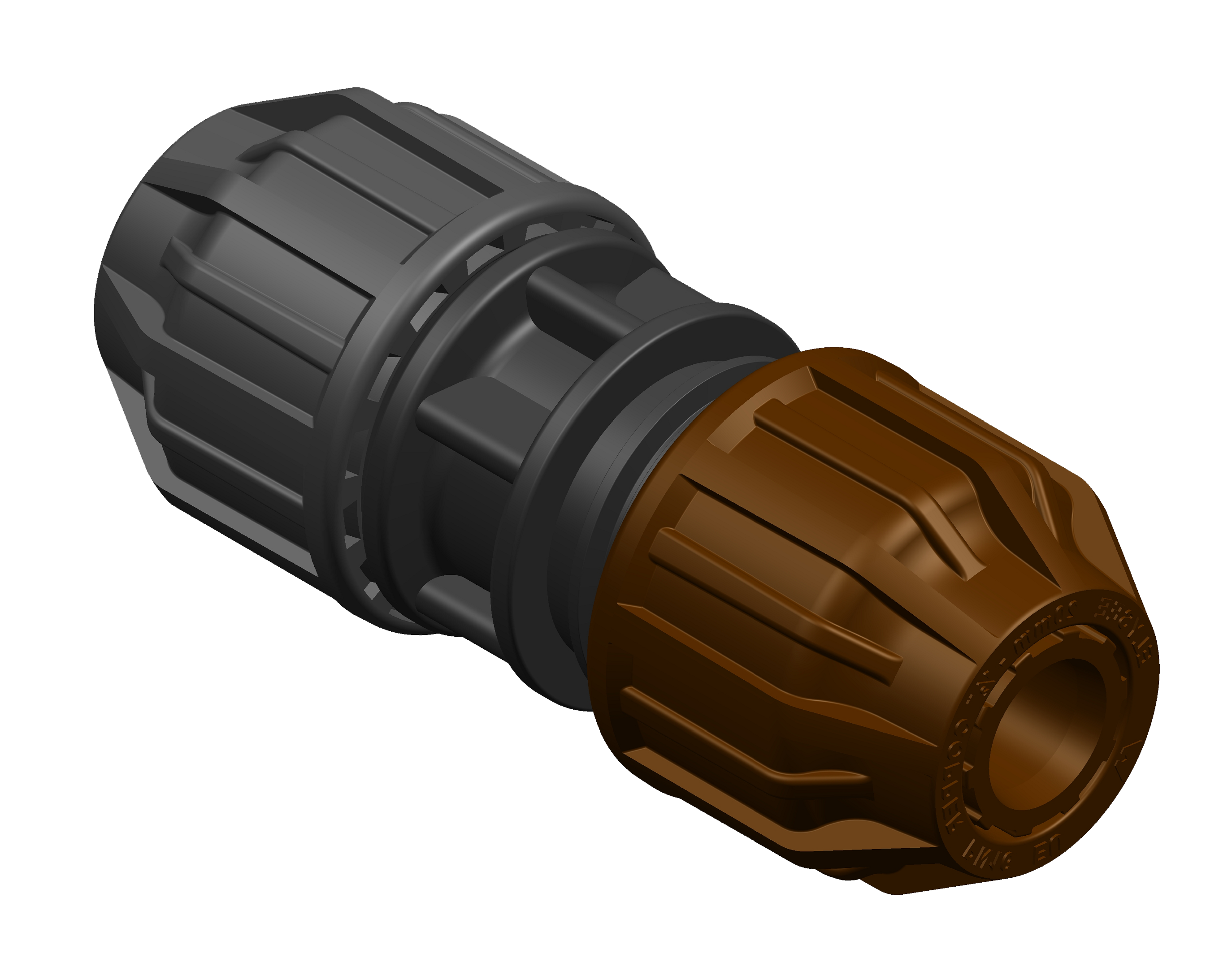 A 3D rendering of a metric poly to copper compression coupling.