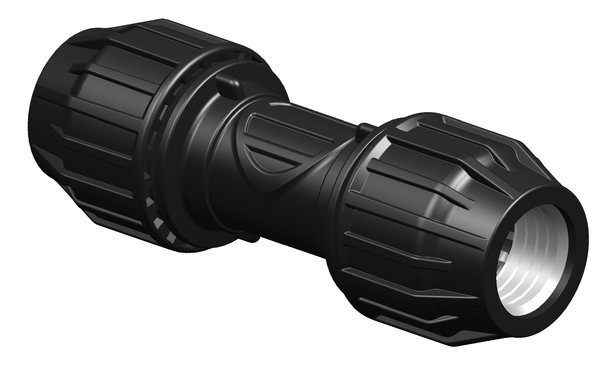 A 3D rendering of a metric compression repair coupling.