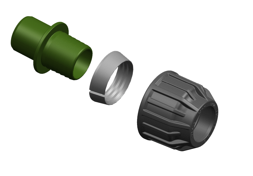 A 3D rendering of a metric to rural compression conversion kit.