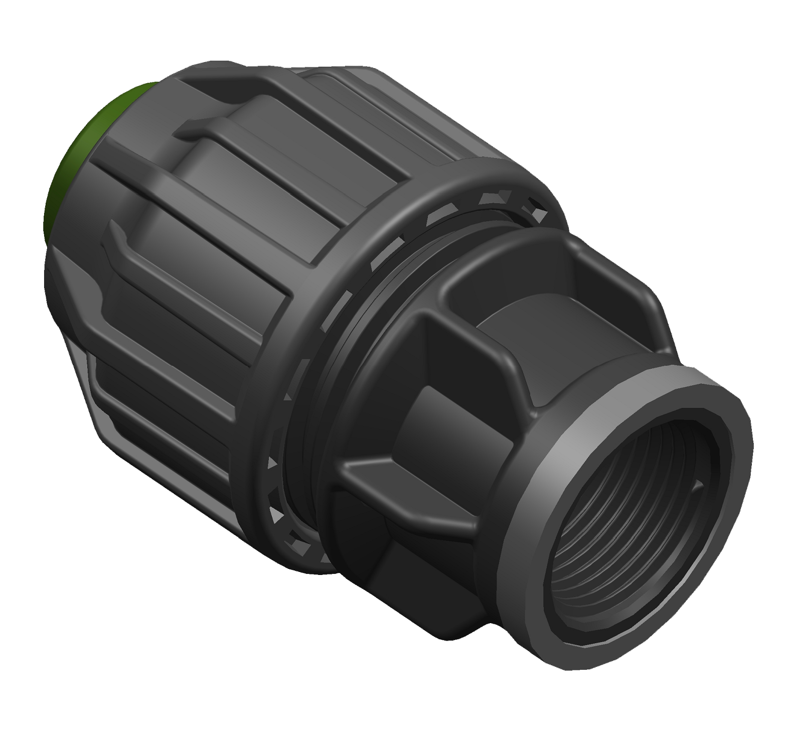 A 3D rendering of a rural compression female adaptor.