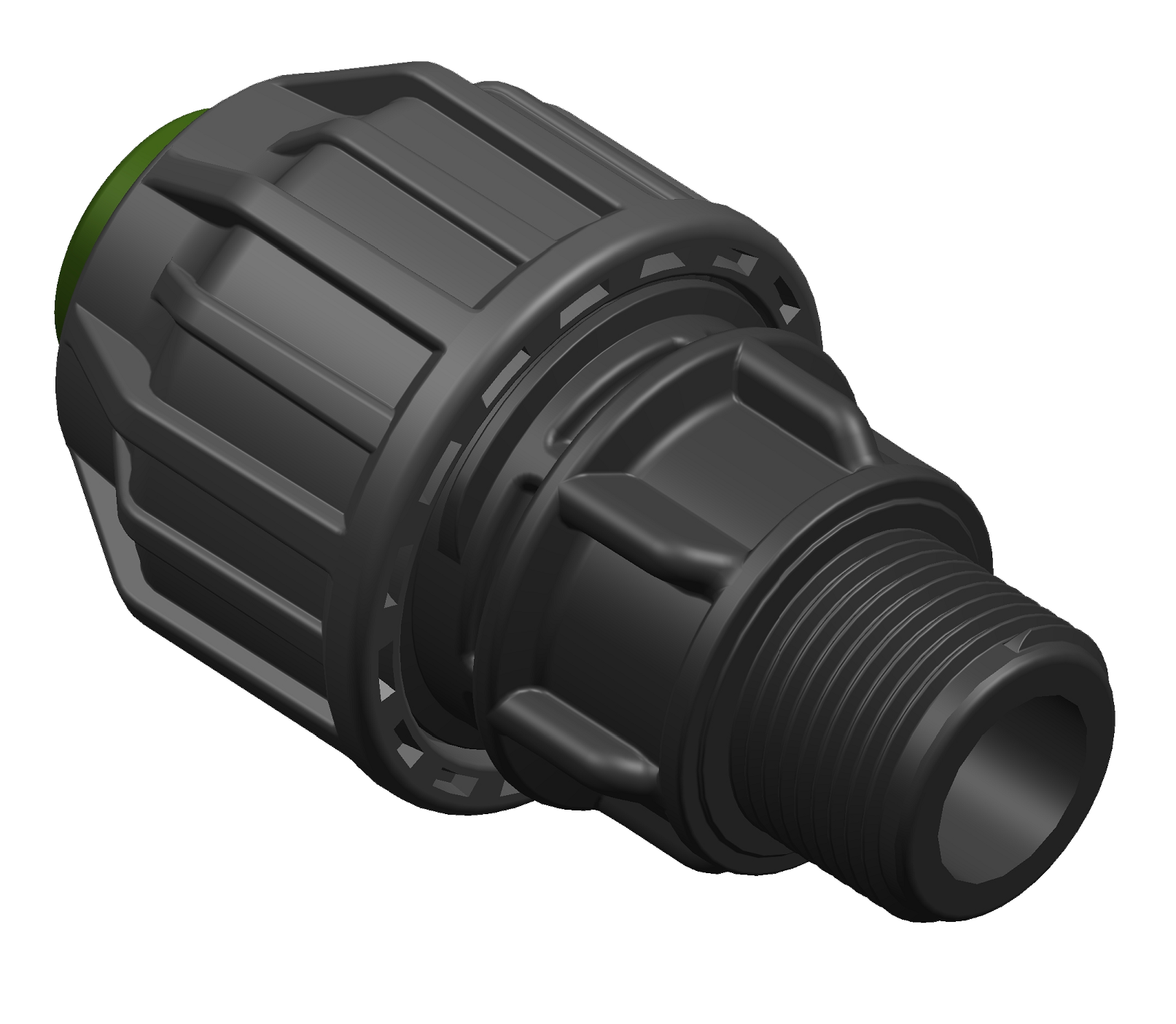 A 3D rendering of a rural compression male adaptor.