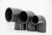 An image of three polyethylene 90 degree elbows lined up next to each other against a white background.