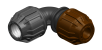 A 3D rendering of a metric poly to copper compression 90 degree elbow.