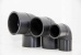 An image of three long spigot polyethylene 90 degree elbows stood next to each other.