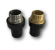 An image of two male threaded adaptors standing upright next to each other. One adaptor is stainless steel and the other is brass.
